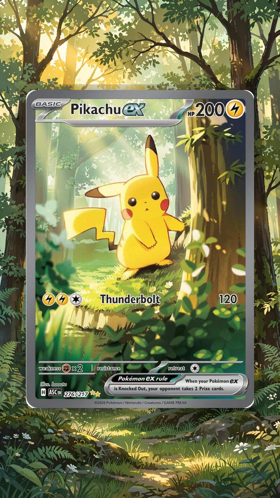 Pikachu card after Emberpull, surrounded by a sunlit forest