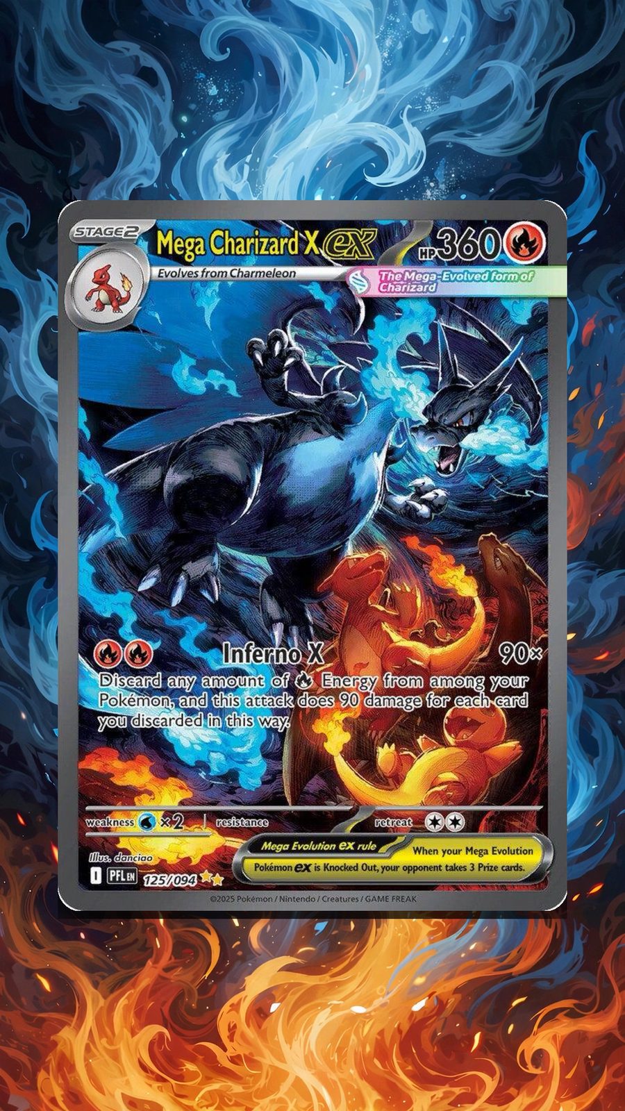 Charizard card after Emberpull, surrounded by blue and orange fire