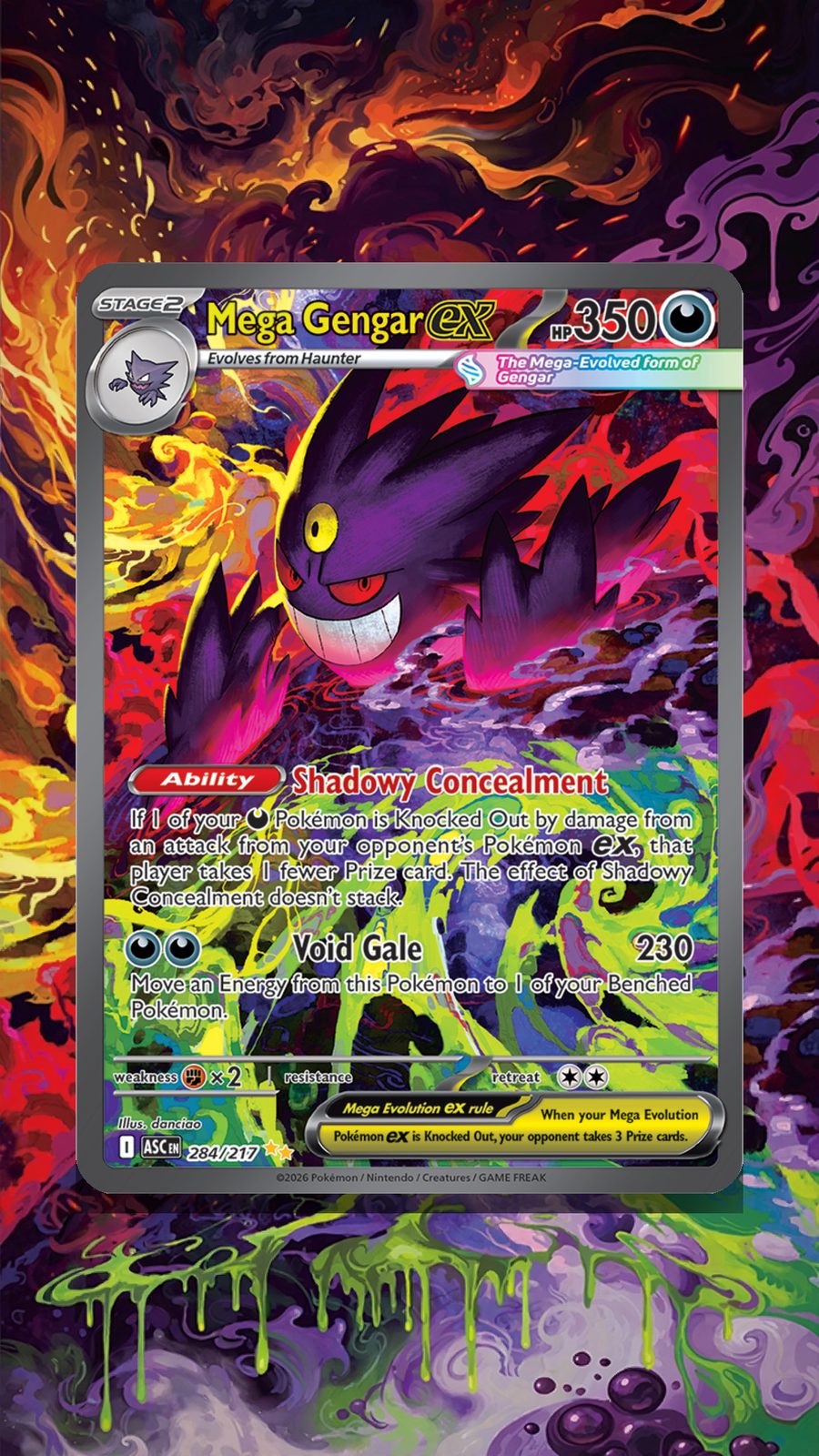 Gengar card after Emberpull, surrounded by fire and green energy
