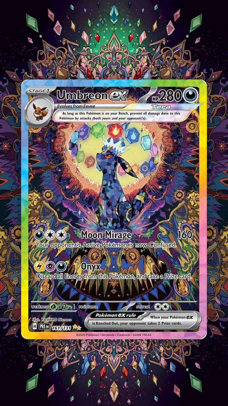 Umbreon card after Emberpull, surrounded by a stained-glass world